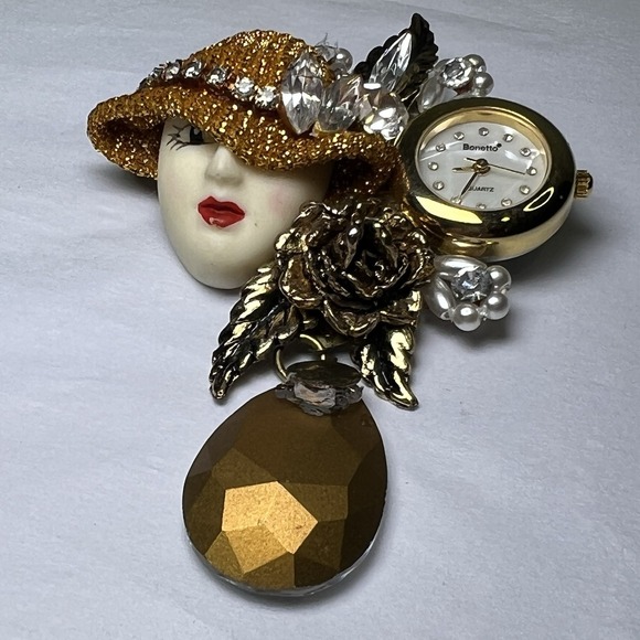 Bonetto Brooch Pin Watch Women 22mm Gold Tone Face Fashion Bling Untested 1920's - Picture 2 of 8